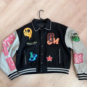 Black & Gray Varsity Jacket with Colorful Patch Details